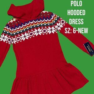 NEW-6 Girls Polo-Ralph Lauren Fair Isle Waffle-Knit Hooded Red Christmas Dress